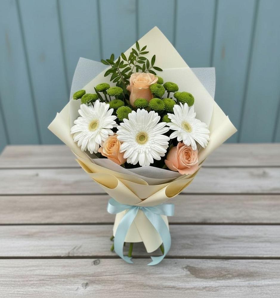 Букет цветов из: Герберы, Розы и Хризантемы в Юсьва